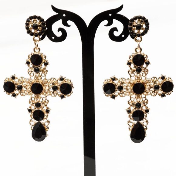 ❤️071❤️ Designer Inspired Black Vintage Cross Earrings - Picture 4 of 16